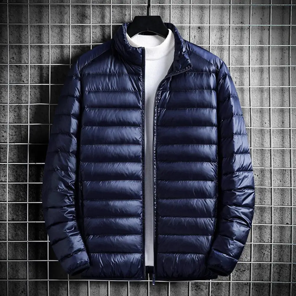 Cotton Jacket with Stand Collar Men's Lightweight Cotton Quilted Jacket with Stand Collar Side Pockets Zipper Closure for Winter