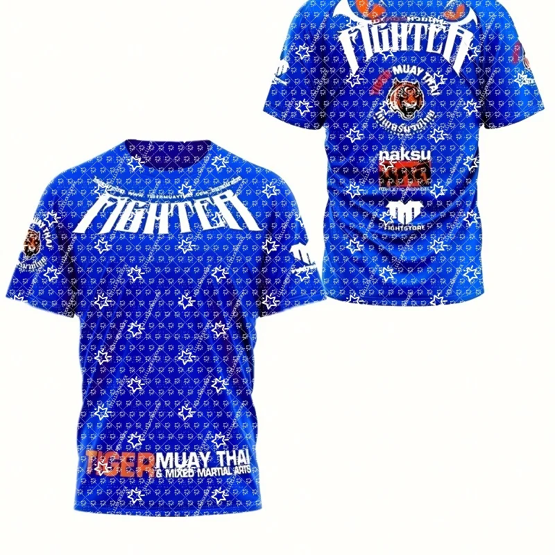 Muay Thai Fighter Graphic Short Sleeve T-shirt Blue All Over Print Unisex Martial Arts Fighting Sports Tee Loose Streetwear Top