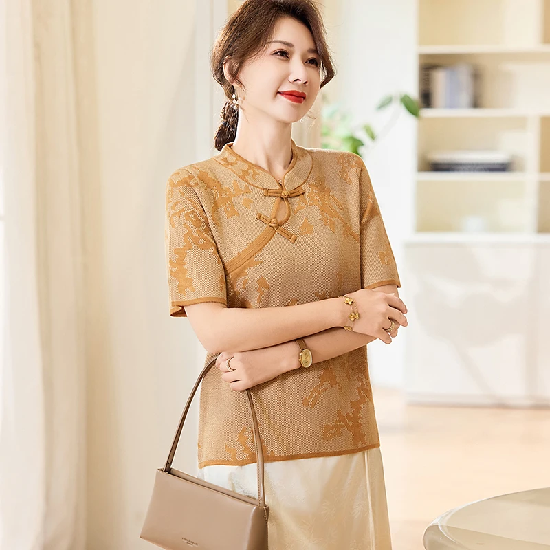 

New Chinese Sle Summer Clothes Ice Silk ort Sve Knitted irt for Middle-Aged And ly Women Faionable Loose Fit