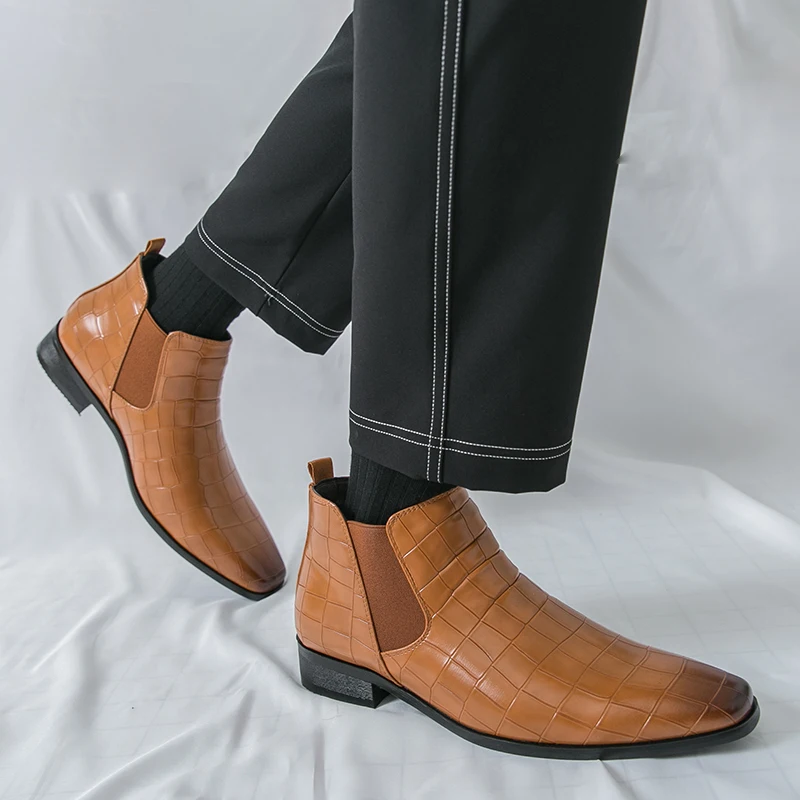

Мужские ботинки челси из искусственной кожи в британском стиле, повседневные модельные ботинки без шнуровки с эластичной лентой, элегантные офисные деловые ботинки