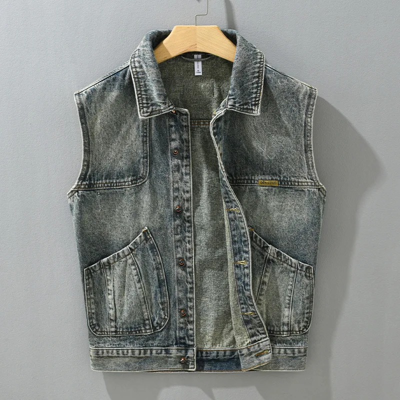 

New Mens Vest 2024 high street loose denim jacket vests vintage blue button sleeveless jacket youth korea fashion waistcoat