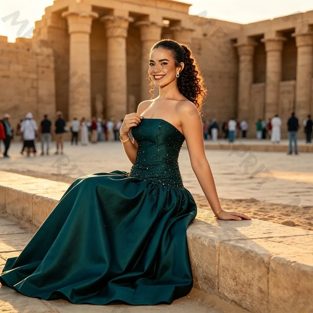 Customized Green Satin Strapless Ball Gown 2026 with Beaded Corset Elegant Formal Dress Suitable for Luxurious Sparkling Chiffon