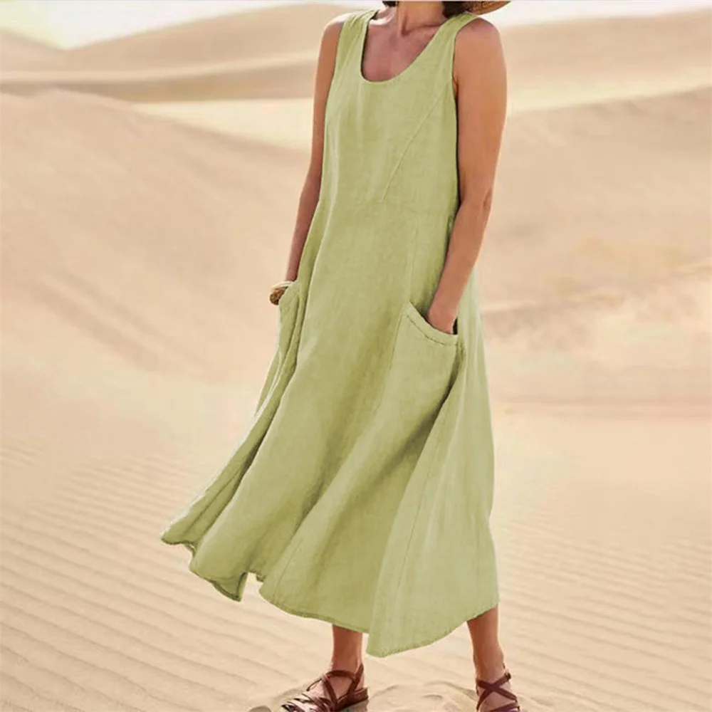 Women\'s Sleeveless Cotton Linen Dress With Pockets Boho Style Beach Tank Dress Summer Coverups Solid Color Loose Fit Nin668