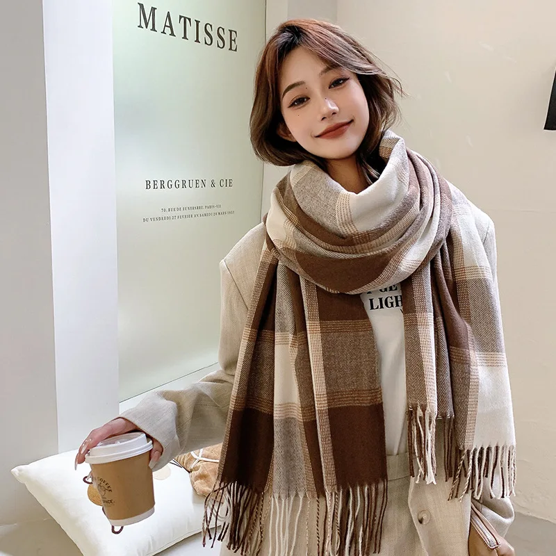 2024 New Winter Keep Warm Scarf Women Cashmere Scarves Hijab Retro Plaid Lady Shawl Wrap Female Pashmina Bandana Tassels Scarfs