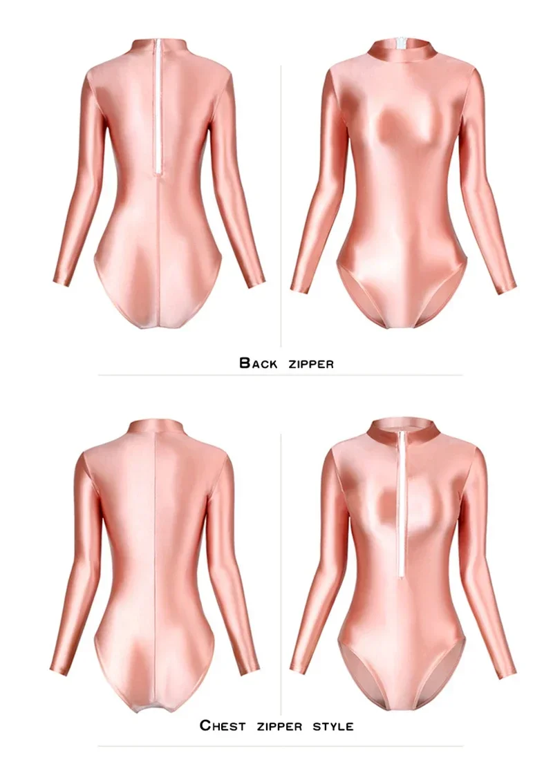 Vrouwen lange mouw strakke glanzende dans jumpsuit bodysuit yoga effen vormige praktijk ritmische gymnastiek turnpakje badpak danskleding