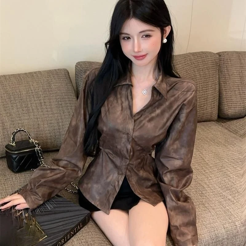 

Vintage Y2k Lapel Neck Shirt Women Early Autumn Slim Waist Women's Blouses Japan Korean Style Casual Blusas De Mujer Shirts