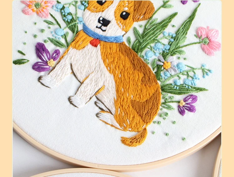 

Cute Embroidery Kit DIY Beginner Dog Flower Pattern with Hoop Fabric Thread Needle Instructions for Decor Craft Cross Stitch