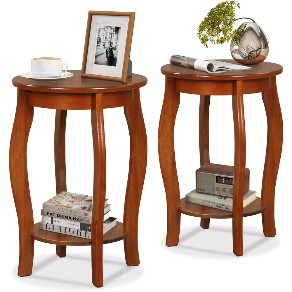 

2-Tier Round End Table, Narrow Tiered Telephone Table with Storage Shelf, Solid Wood Legs, Modern Sofa Side Table Nights