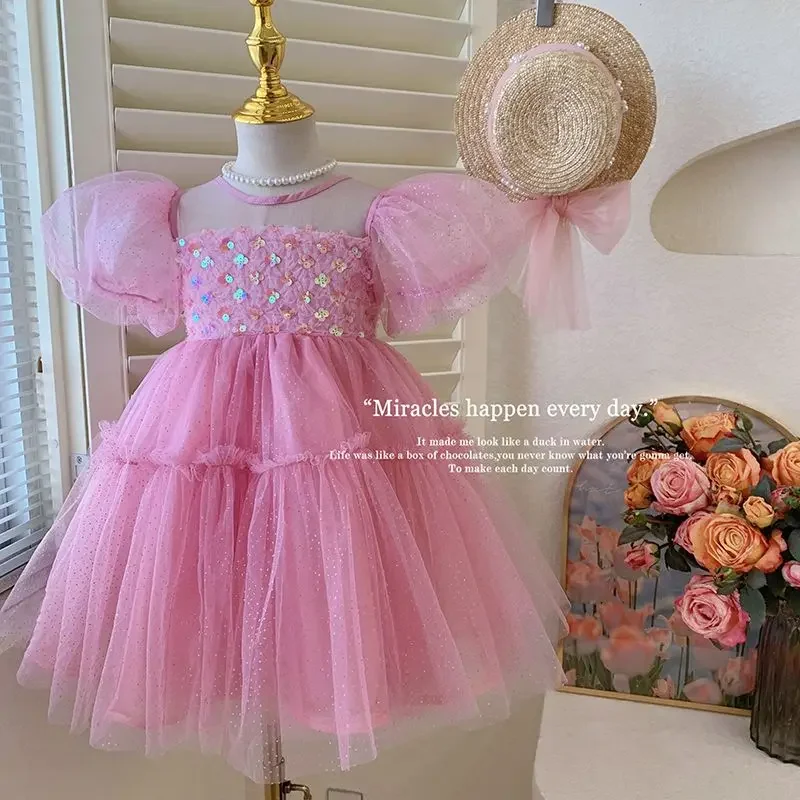 

2023 Korea Girls Baby Sequined Mesh Puff Sleeves Birthday Party Dress Beautiful Girl Kids Children Summer Vestido Clothes 2-12Y