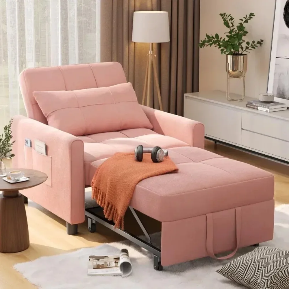 Convertible Chair Bed Sleeper, 3-in-1 Sofa Bed, Adjustable Backrest Armchair with Velvet Fabric for Living Room Apartment, Pink