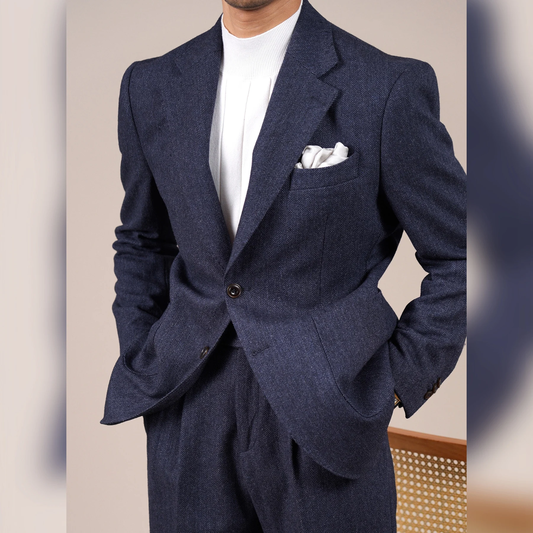 Wool Blend Suit Set For Men Fall Winter Style Notched Lapel Commuter Herringbone Pattern Casual Business Blazer Men Tuxedo Suit