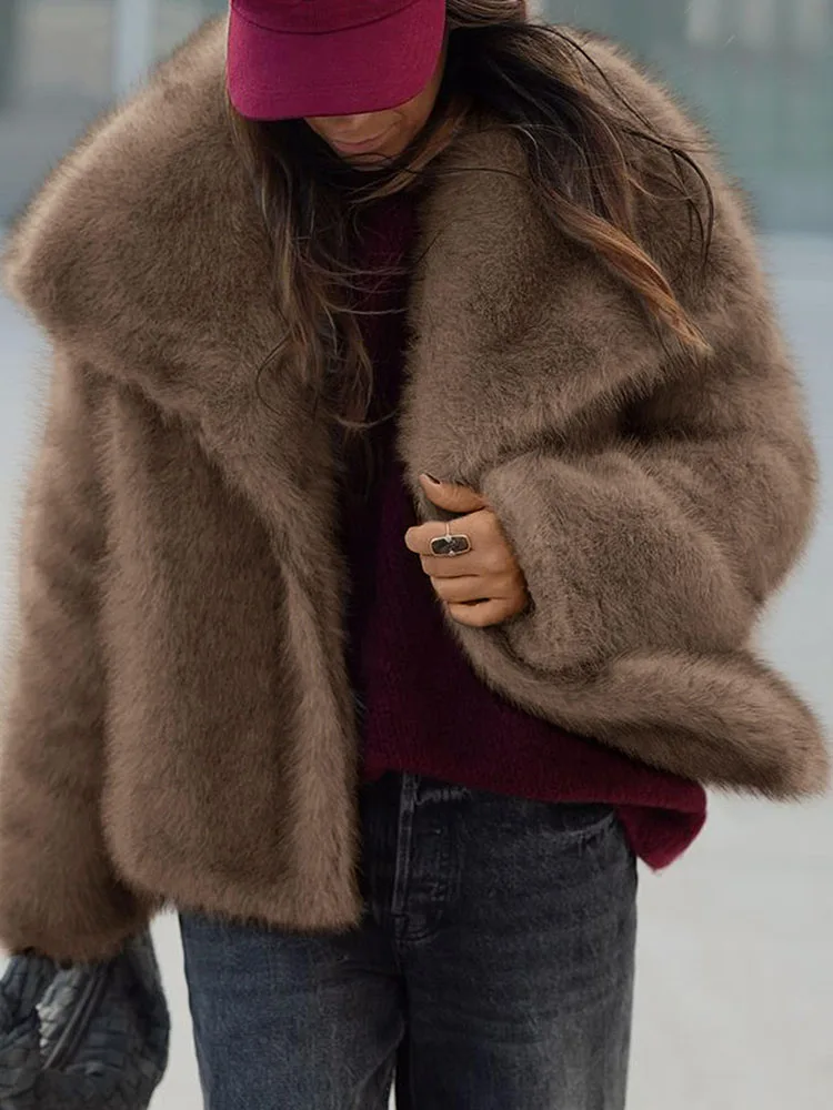 Vrouwen Elegante Nepbontjas Warme Pluizige Vintage Losse Revers Jas Met Lange Mouwen Herfst Winter Mode High Street Lady Outerwears