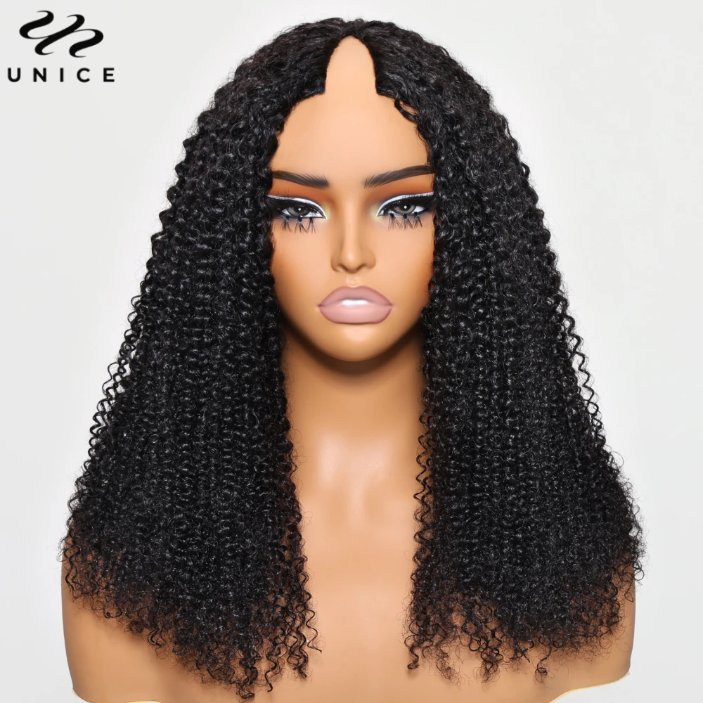 UNice Hair Website Same | EasiContour Kinky Curly V Part Wig 100% Human Hair Clip-In Wigs With Drawstring Fit Small Cap Big Cap