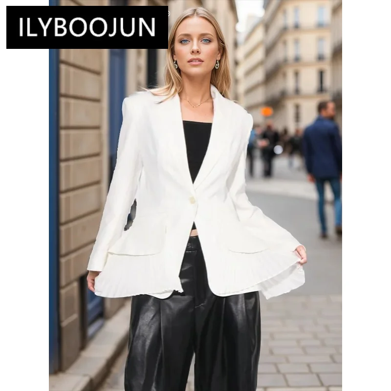 

ILYBOOJUN Solid Spliced Button Casual Blazers For Women Notched Collar Long Sleeve Patchwork Folds Designer Blazer Female New