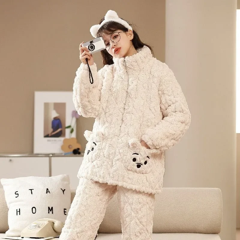 Winter Pajamas Female Coral Velvet Plus Velvet Padded Warm Women 3-layer Sleepwear Flannel Homewear Suit Outside Wear Nightgown