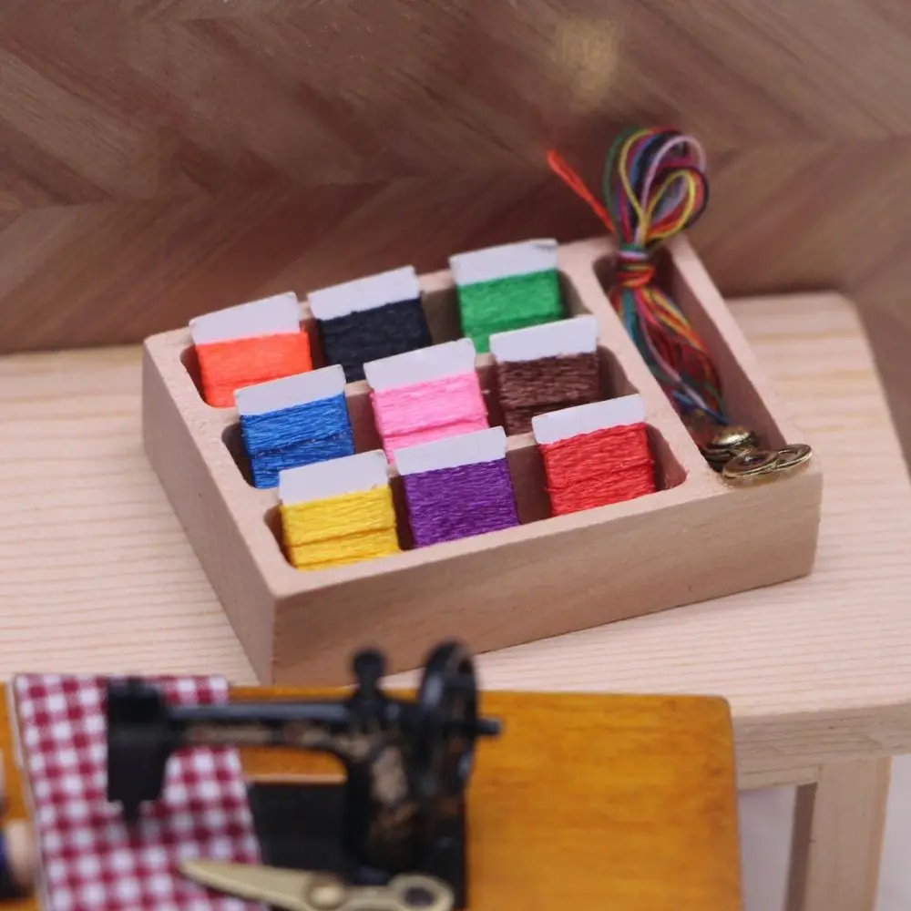 Wood Miniature Wooden Sewing Box Small Ornaments Artificial Simulation Sewing Model Toy 1:12 Craft Mini Sewing Box Model