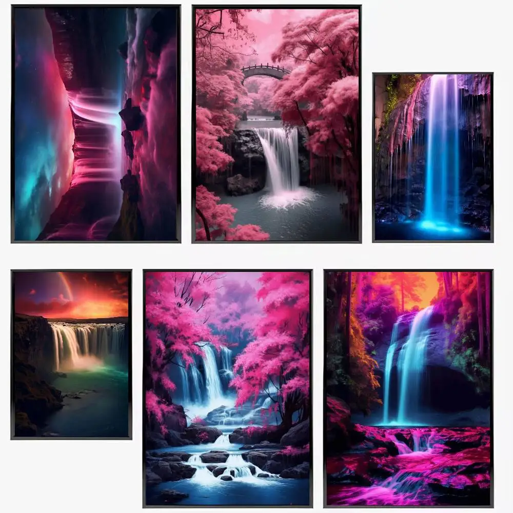 Natural Landscape Sakura Trees Waterfall Print Posters High Quality Self-adhesive Wall Art Decorations Color Prints Sticky