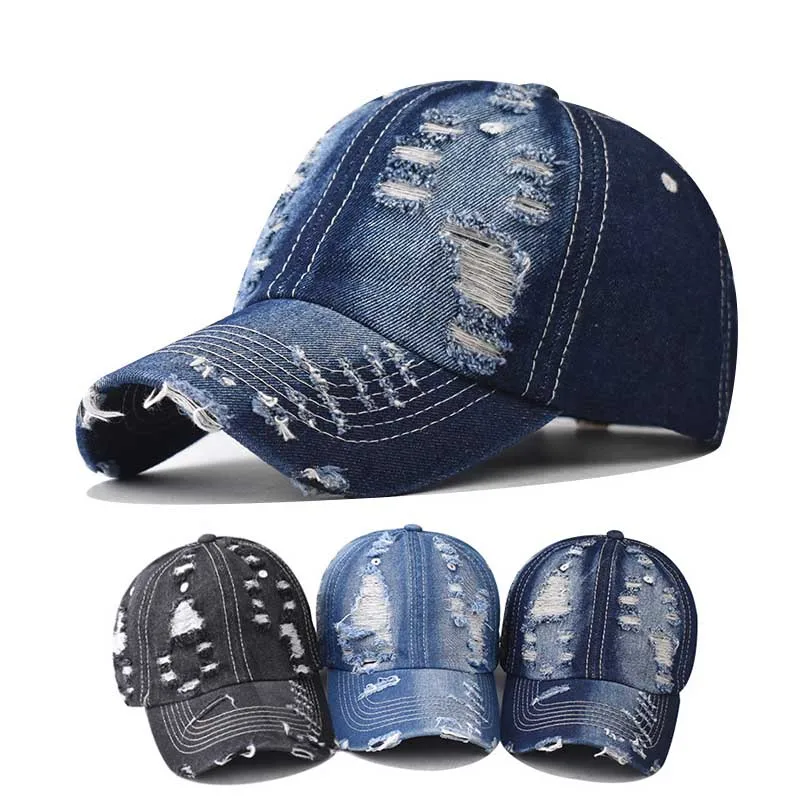 Tide Washed Denim Ripped Baseball Cap Spring Cotton Snapback Hat Hip Hop Cap for Men Women Summer Cap Casquette