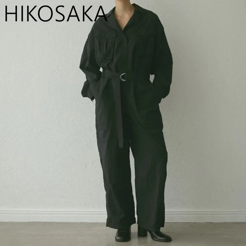 

Turn-down Collar Long Sleeve Jumpsuit Safari Style Pockets Patchwork Belt Playsuit Spring Summer 2025 New Solid Casual Pantalon
