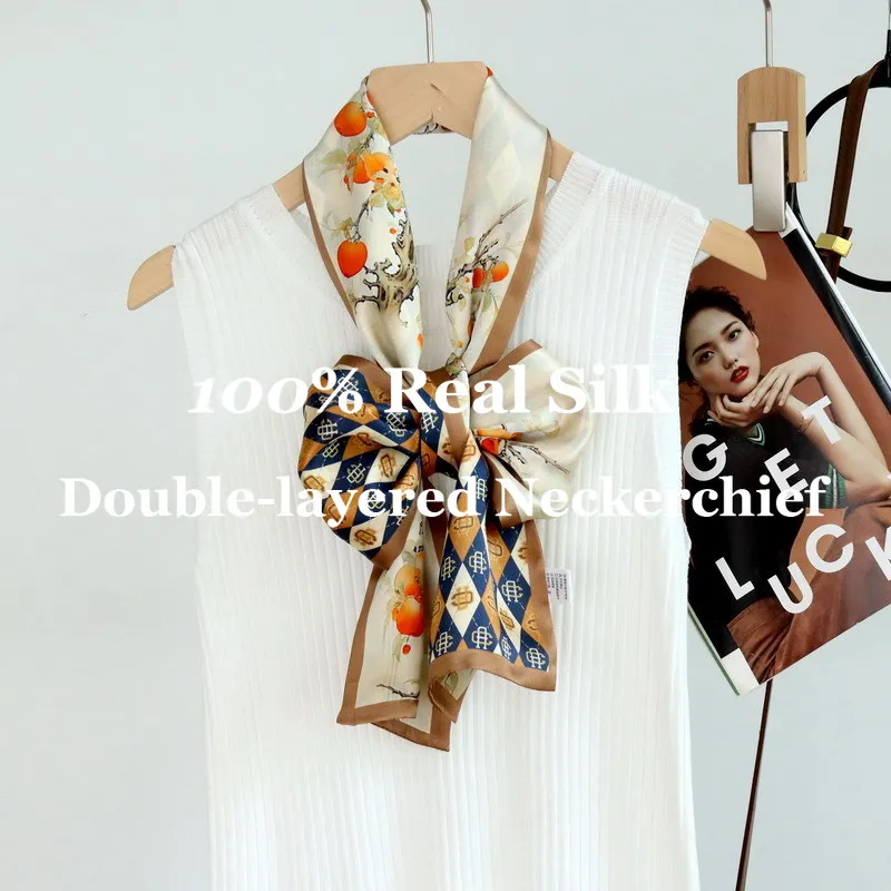 

2026 Fashion Narrow Neckerchief Hairband Silk Scarf Double Layer 100% Mulberry Silk Scarf for Women Hijab Ribbon Tie Accessories