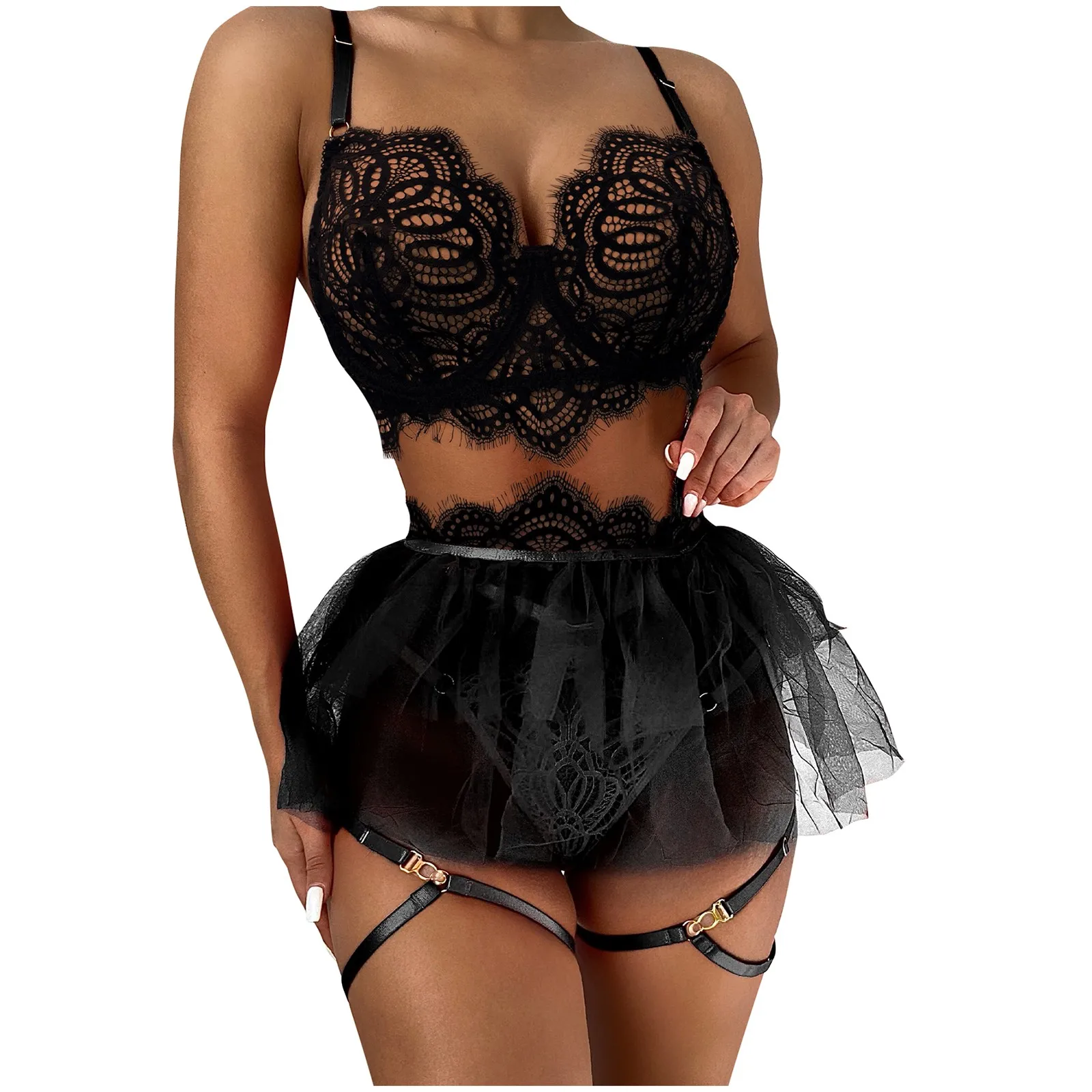 

Plus Size Sexy Lingerie Lace G-string Thong Underwear Miniskirt Bra Thong Three-piece Suit Pyjama Sexy​ Femme ropa de mujer