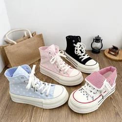 Autumn Women Fashion Buckle Strap Canvas Shoes High Top Broken Denim Ankle Short Boots Lace Up Girls Students Thick Sole Sneaker