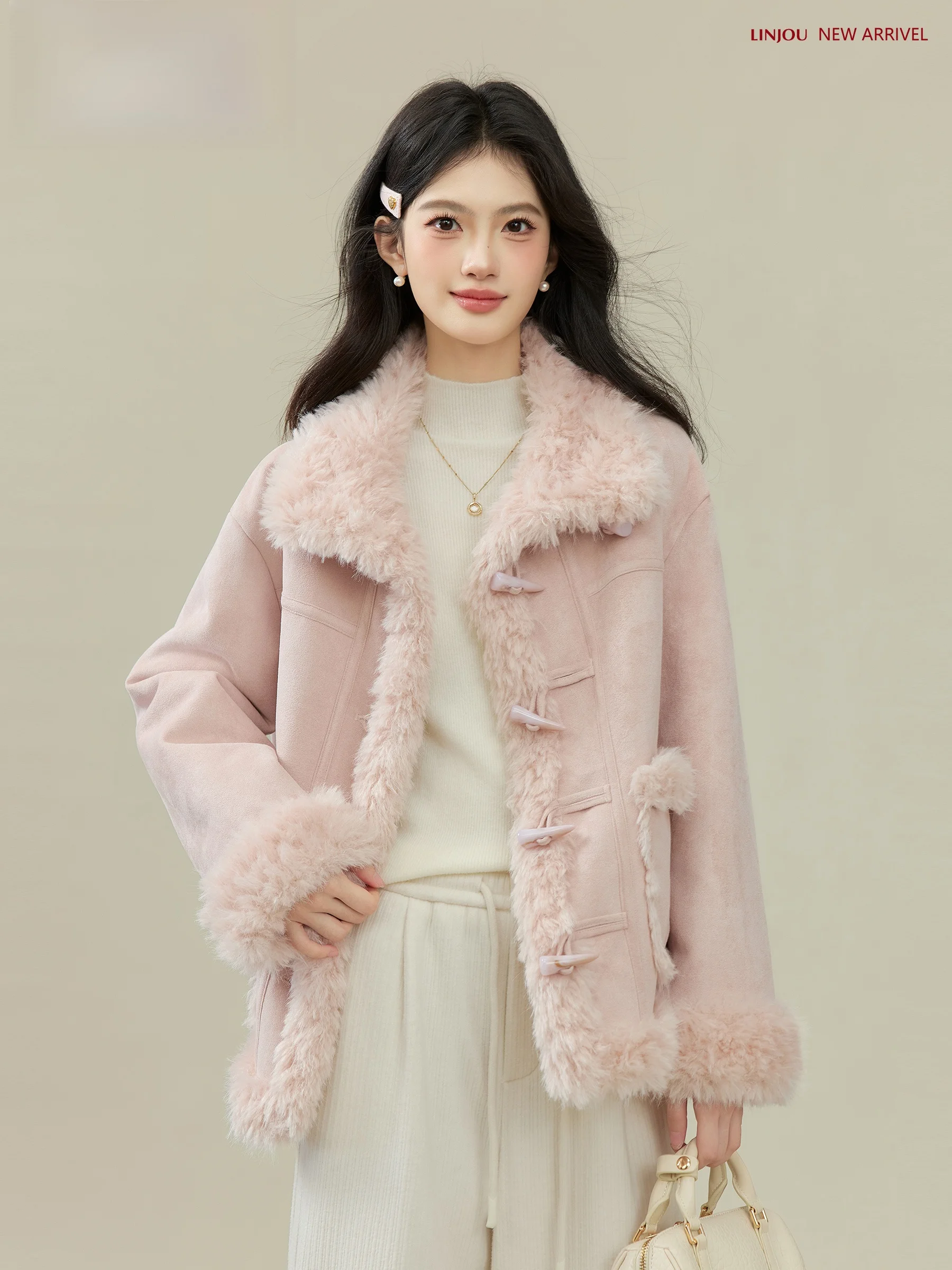 

Warmth Snug Faux Suede Velvet Women's Winter Coat with Button Collar Patchwork Fluffy Design Casual Sle ort Outerwear