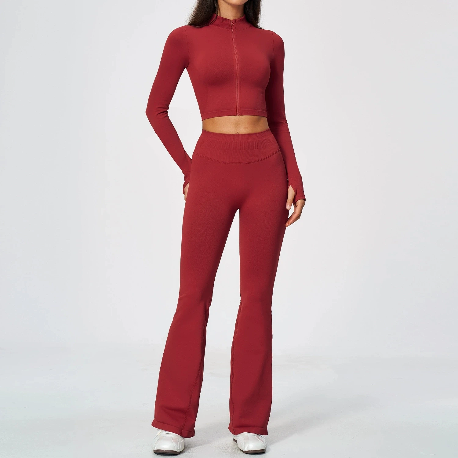 Women's Seamless Tracksuit Yoga Set 2Pcs Zipper Thumb Hole Long Sleeve High Waist Flare Pants Butt Lifting Workout Athletic Wear