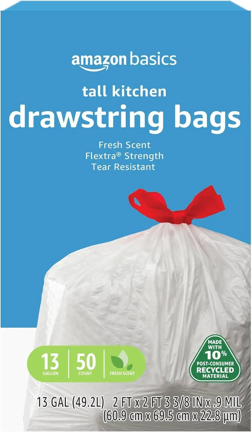 

13 Gallon Tall Kitchen Trash Bags, Flextra Strength, Fresh Scent, Tear Resistant, Recycled Content, 50 Count