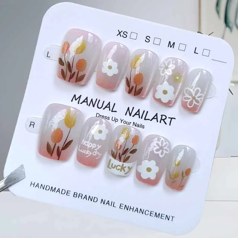 10Pcs Women New Elegant Tulip Cat Eye Press on Nails Gentle Temperament Showing Off White Small Fresh Flower Print Fake Nails