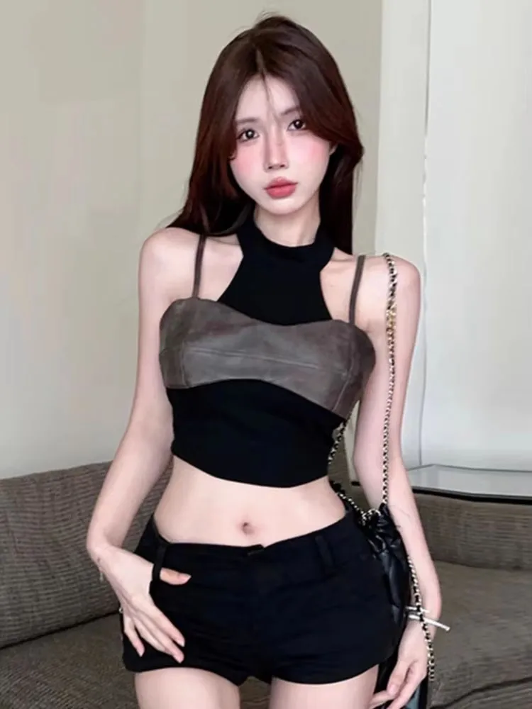 سترة صيفية مثيرة موديل 2025 مكونة من قطعتين سترة نسائية Y2k سترة جمالية مرقعة الجرونج هاراجوكو مقصوصة بقصة ضيقة ​ الدبابات