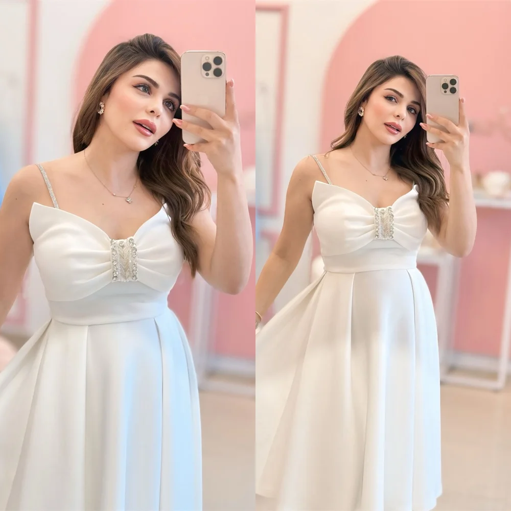 

Customized Sweetheart Spaghetti Straps Evening Dress A-Line White Simple Cocktail Dress Crystal Delicate Sparkly Prom Dress