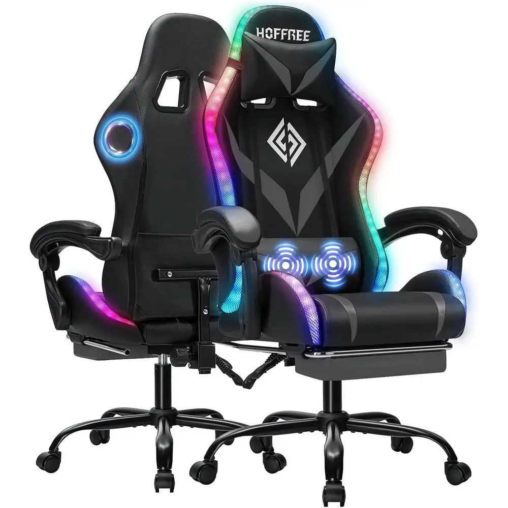 

Эргономичное игровое кресло с высокой спинкой, Bluetooth-колонками, RGB-подсветкой и поясничной опорой, серое с черным