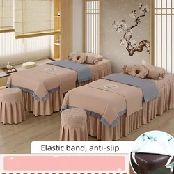 Beauty Salon Anti-Slip Bedding Sets, Massage Tuina Spa Use, Patchwork Duvet Cover, Bed Skirt with Hole Beddings, 4Pcs