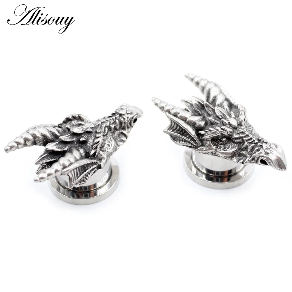 2 Stück 6-12mm Modische Edelstahl-Drachenkopf-Ohrpiercing-Plugs, Gauges, Expander, Körperschmuck, Ohrtunnel, Dehner