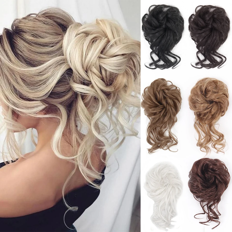Moño sintético rizado tipo dona con banda elástica, scrunchies, postizo de moño despeinado para mujer 2