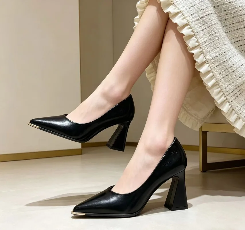 Flache Einzelschuhe Sommer Neue Blockabsatz Feminine Eleganz Bequeme Slip-on High Heels – Detail 5