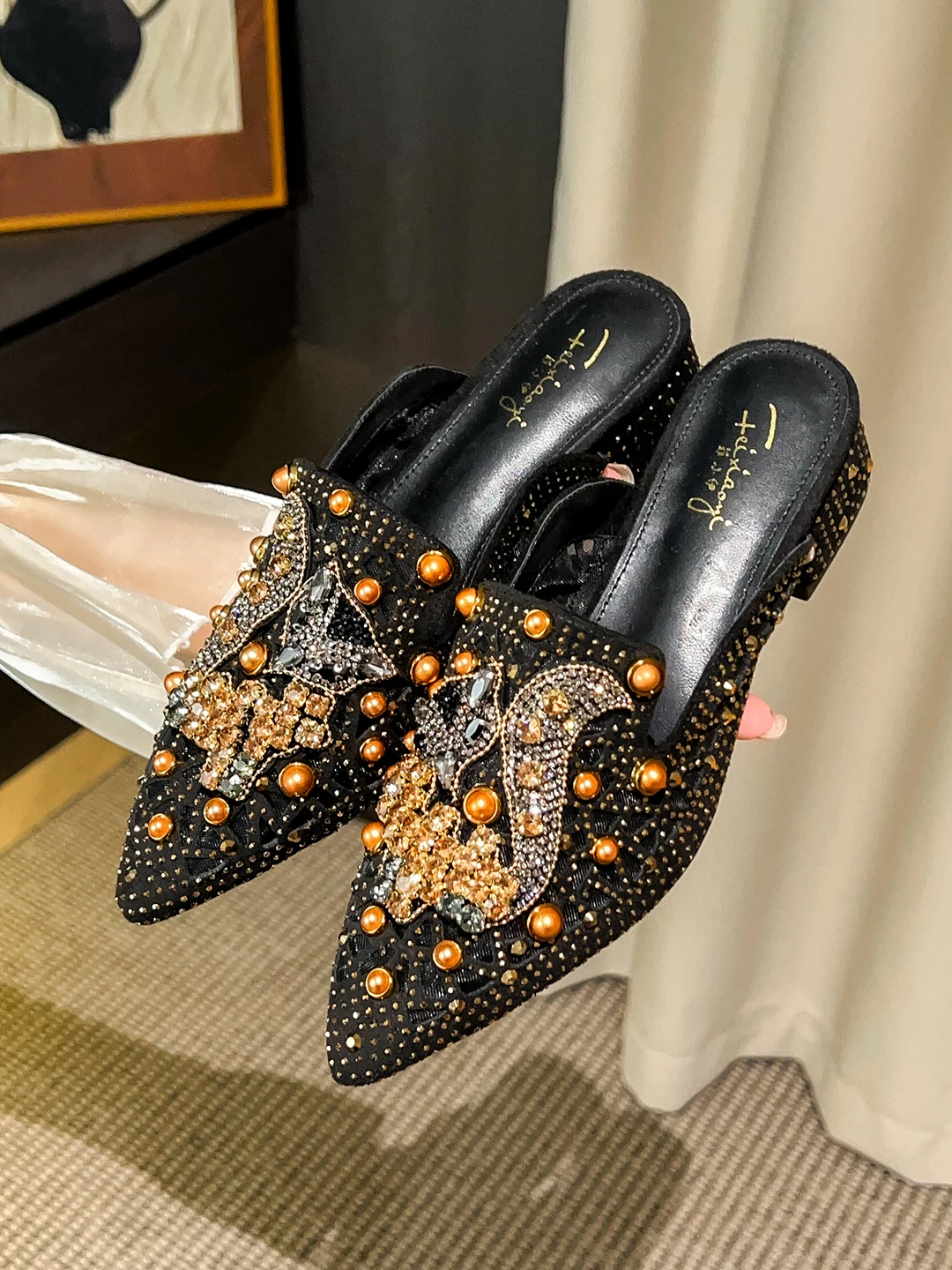 Women's Summer Outdoor Sandals Open-Toe Half Slippers Diamond Embellished Pointed Toe Slip-On Breathable Mesh Lined Rubber Sole