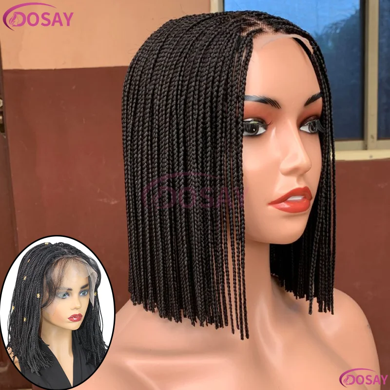 

12 "Короткие микроплетеные парики для чернокожих женщин Синтетический 6X6 кружевной черный парик Коробка плетеный парик с волосами ребенка