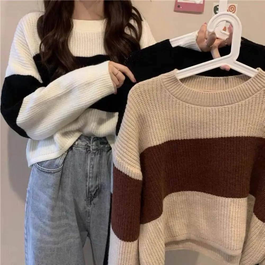 Herbst Winter Frauen Pullover Color block gestrickt lose elastische Rundhals ausschnitt Langarm Anti-Schrumpfen dicken warmen weichen Pullover