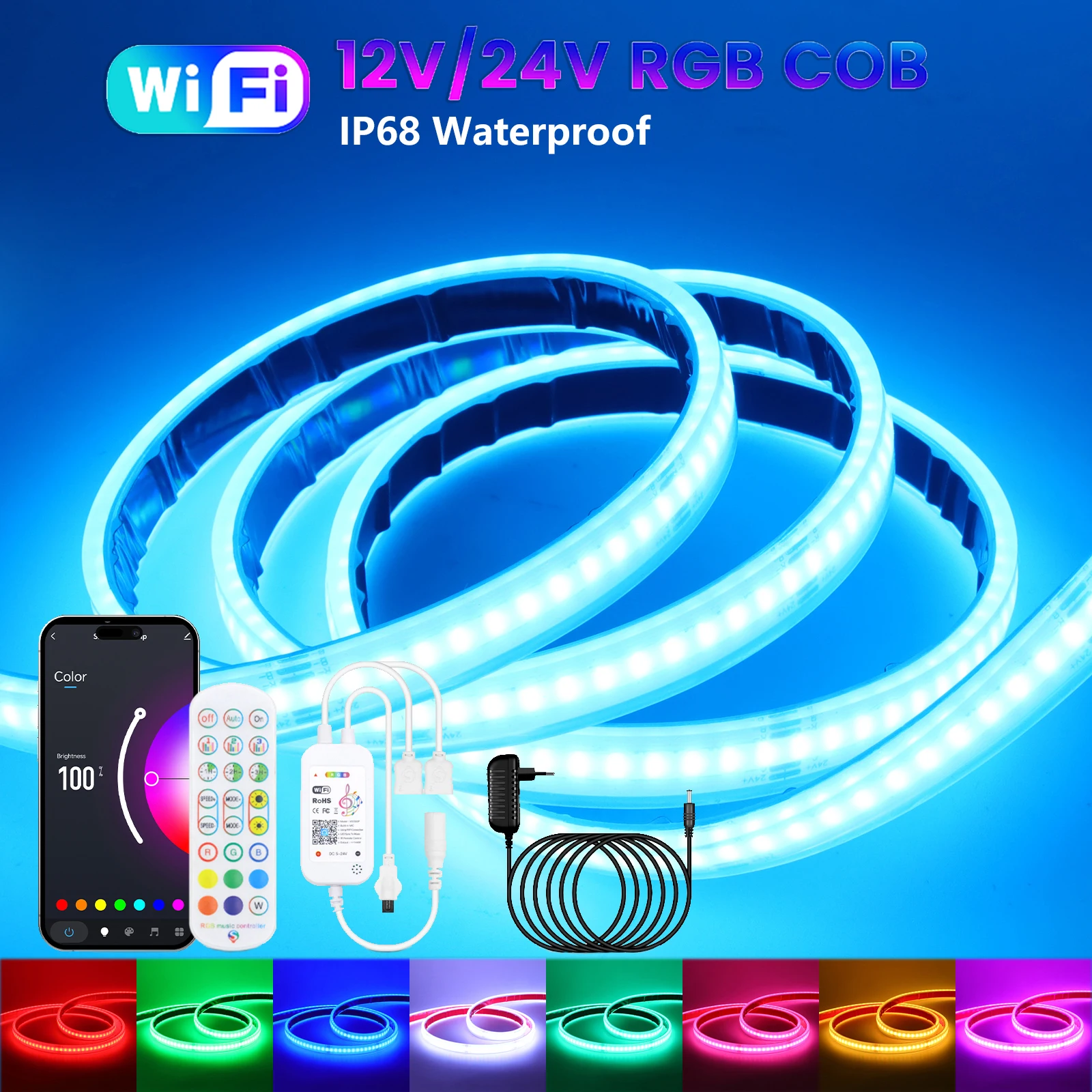 

12 В 24 В RGB COB светодиодная лента Tuya Wi-Fi с дистанционным управлением, комплект питания ЕС/США/Великобритании/Австралии, IP68, водонепроницаемая, 576 светодиодов/м, гибкая лента для домашнего сада