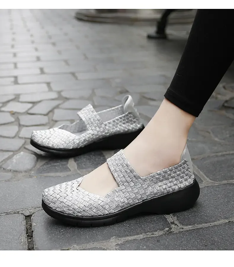 New Woman\'s Summer Shallow Elastic Woven Shoes Soft Sole Light Big Size Breathable Slip-On Casual Shoe Wedges Nude Shoes