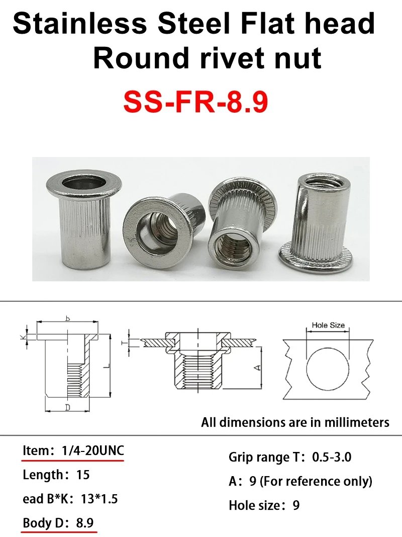 20pcs/pack 1/4-20UNC Inch thread Rivet Nut Insert Stainless Steel and Carbon Steel Round and Hex type