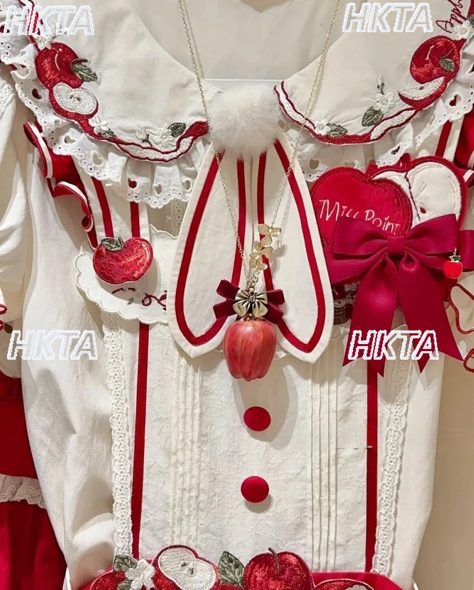 일본식 달콤한 자수 리본 주름 로리타 셔츠 귀여운 인형 칼라 버블 반소매 레이스 다용도 블라우스 여성용