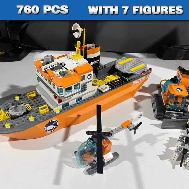 

760pcs City Arctic Icebreaker Icy Waters Orange Ship Snow Scooter Plough Base 10996 Building Blocks Toy Compatible With Model