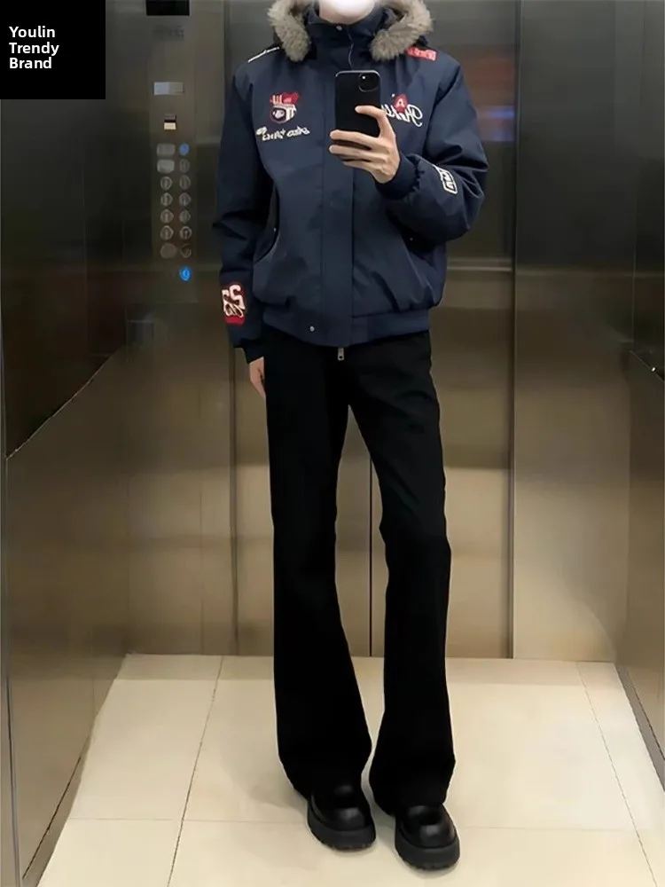 

Джинсы прямого кроя с подкладкой, высокая талия, в американском стиле, молодежные, износостойкие, повседневные брюки