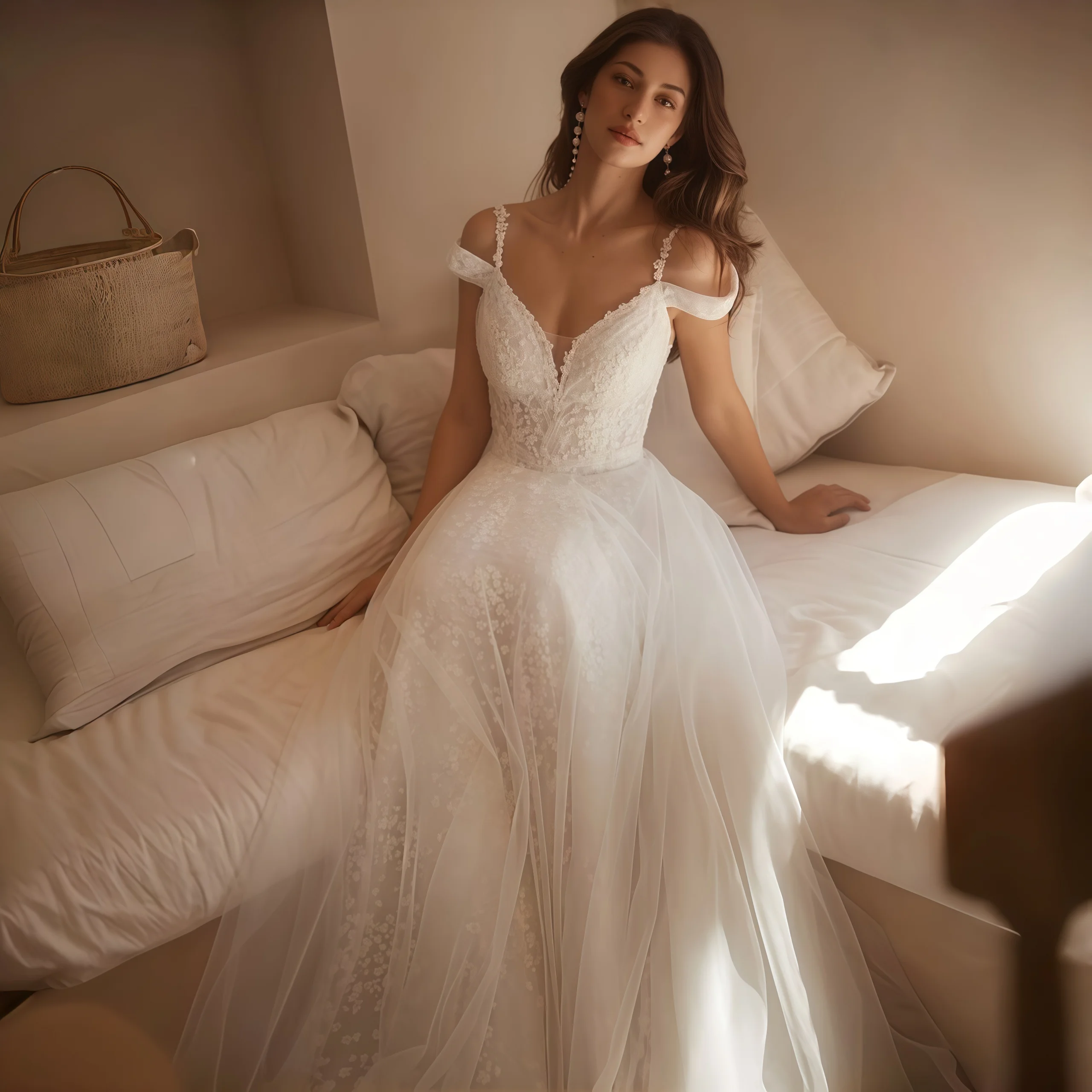 Allover floral Lace Embroidery Wedding Dress Off The Shoulder V-Neck A-Line Tulle Bridal Gown Court Train Evening dress Customiz