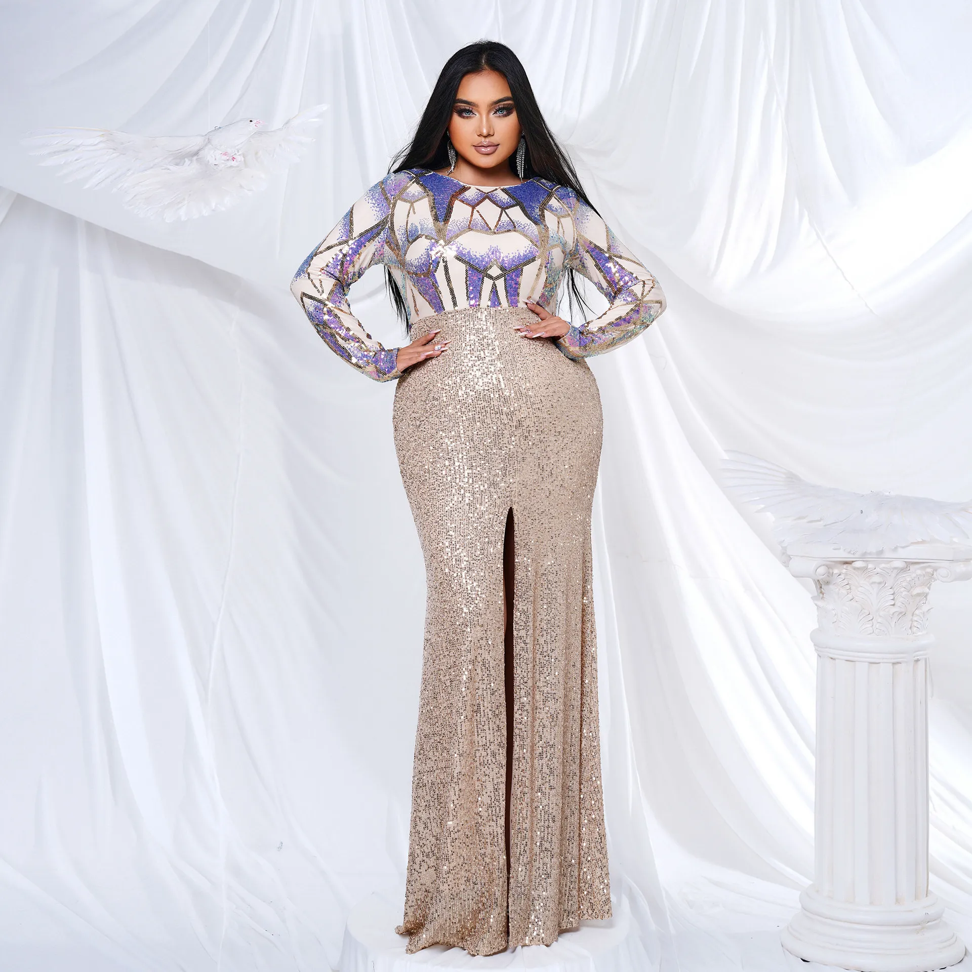 Robe longue sexy grande taille pour anniversaire, fête et mariage, en polyester, col rond