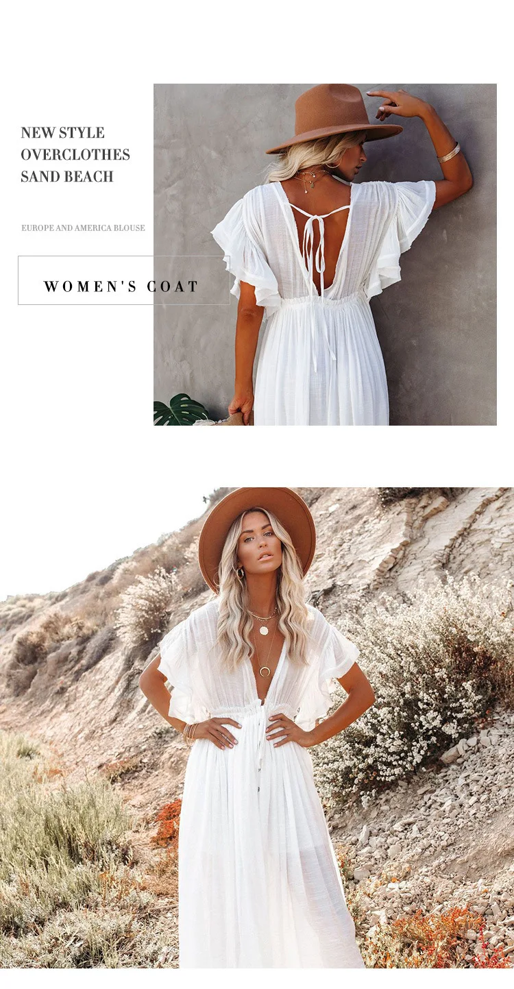 เซ็กซี่บิกินี่ COVER-UPS ยาวเสื้อสีขาวสบายๆชุดชายหาดฤดูร้อน Elegant เสื้อผ้าผู้หญิงชายหาดสวมชุดว่ายน้ํา Q1982