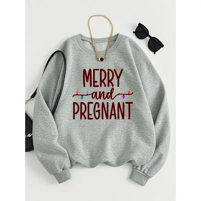 Women's Fashion Hoodie - Round Neck Long Sleeve Sweatshirt，Eye-catching Text Paired with Festive String Lights